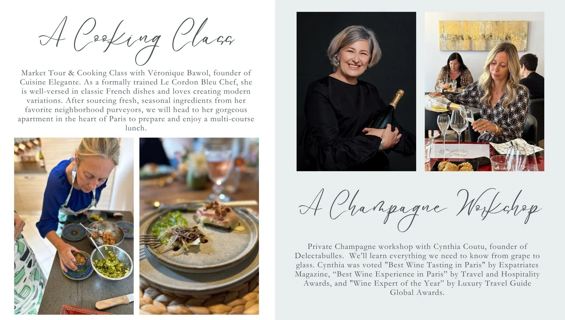 Promotional flyer for a cooking class and champagne workshop featuring photos of people preparing food, enjoying wine, and a woman holding a champagne bottle.