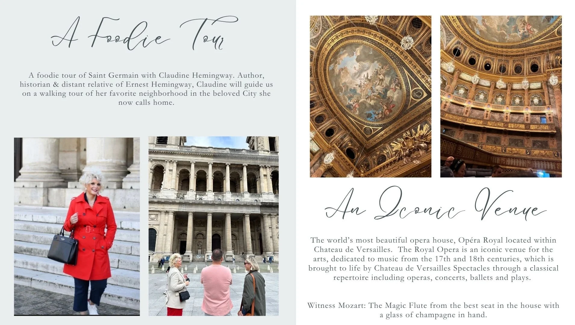 A travel brochure featuring a food tour with Claudine Hemingway, includes images of historic architecture, the interior ceiling of an opera house, and a woman in a red coat visiting Paris landmarks.