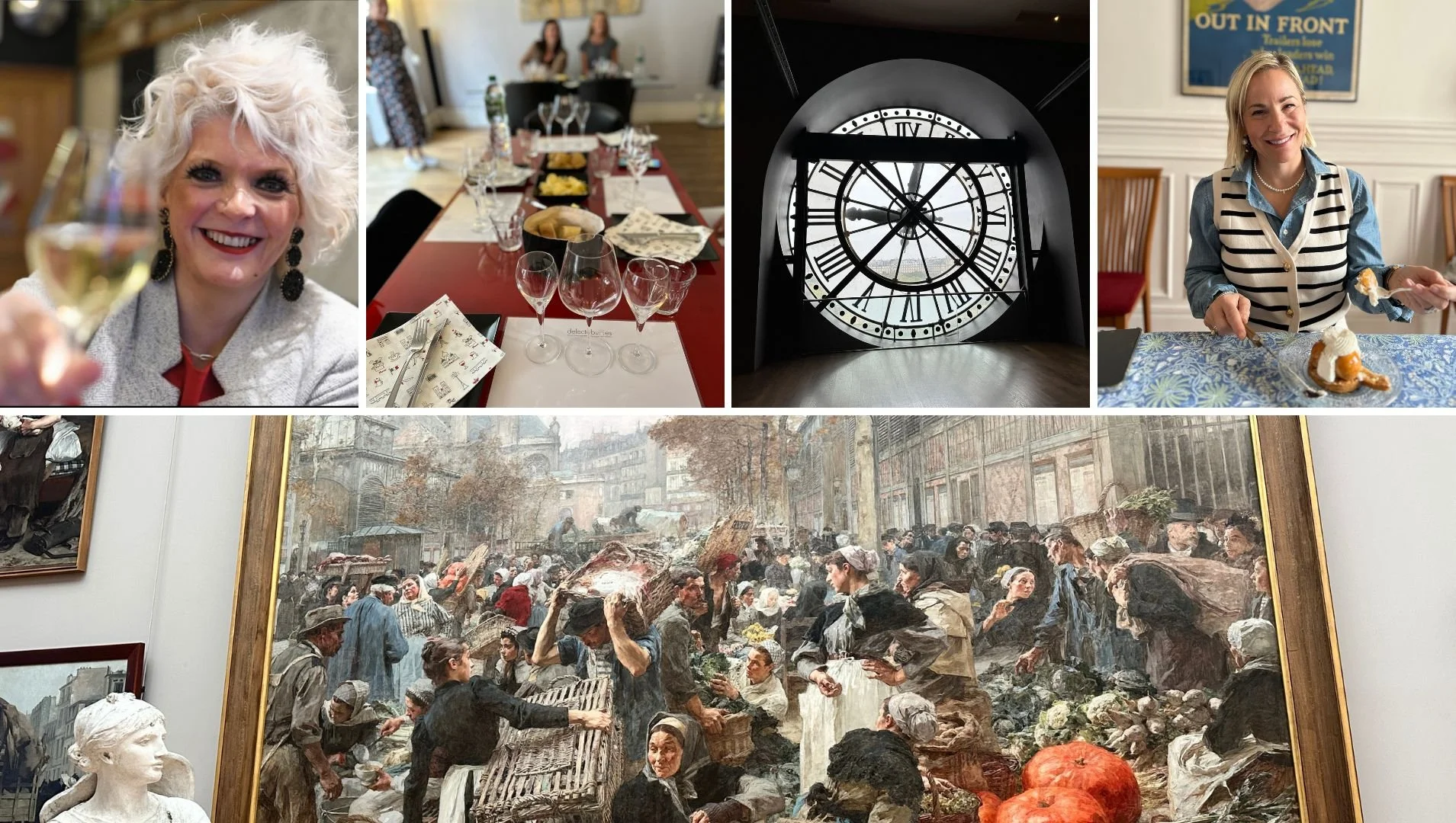 A collage of five images: a woman with white curly hair holding a glass of white wine, a table set for a meal with wine glasses and snacks, the face of a clock tower with Roman numerals, a woman sitting at a table with dessert, and a large painting depicting a busy historical marketplace scene with many people, buildings, and pumpkins.