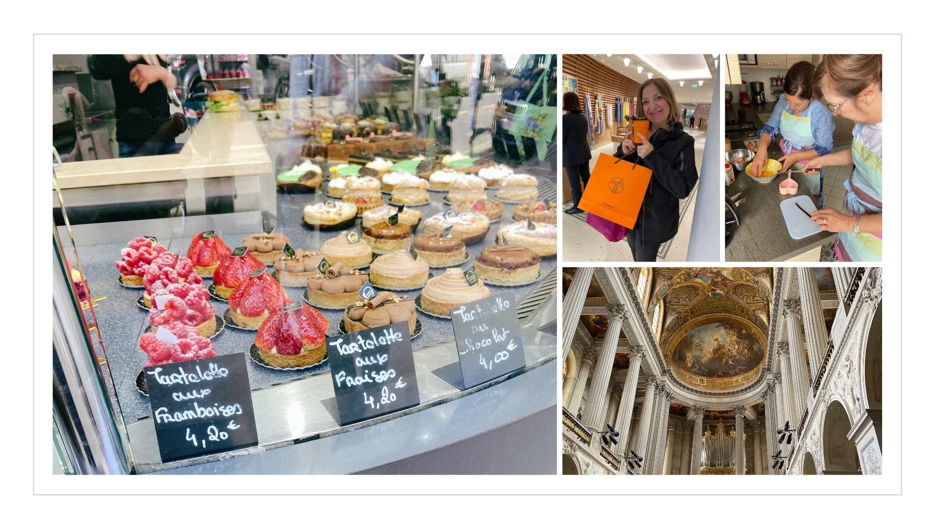 Collage of four images: a display case of assorted small pastries and cakes with handwritten price tags, a woman holding an orange shopping bag inside a store, two women preparing food in a kitchen, and the interior of a grand baroque-style church with ornate columns and a painted ceiling.