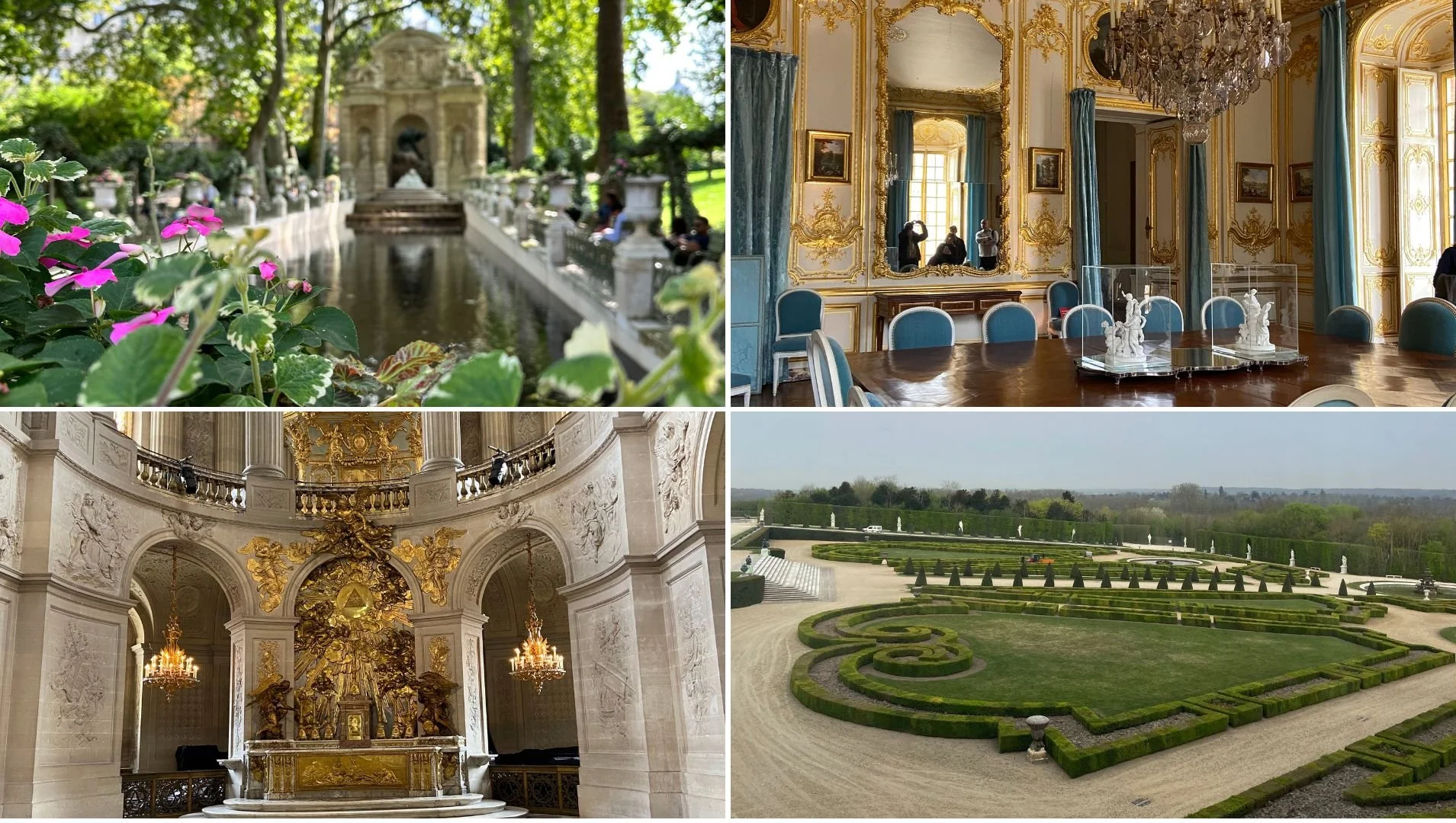 Collage of four images showing a garden with a pond and flowers, an ornate interior room with a chandelier and sculptures, a grand hall with gold decorations and chandeliers, and a formal garden with geometric hedges.