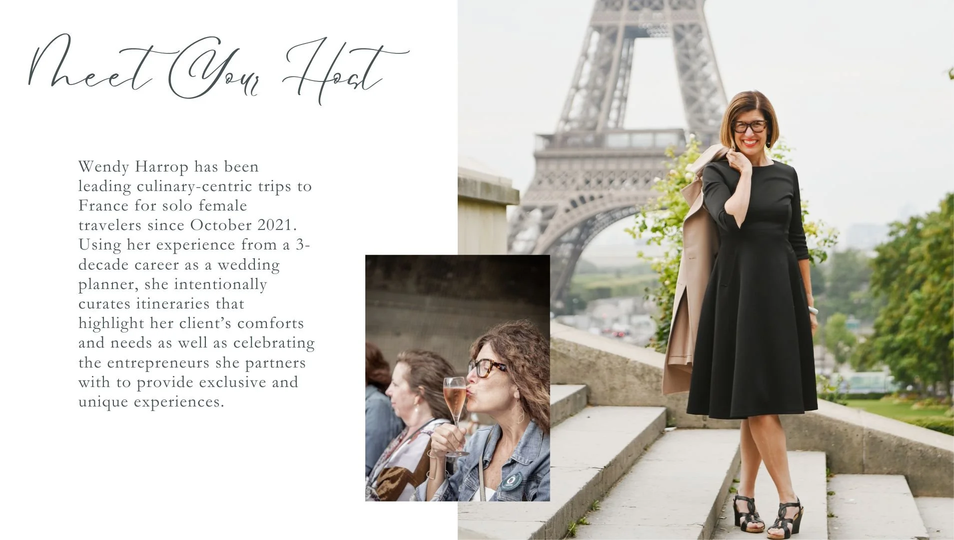 A woman in a black dress and glasses standing on steps near the Eiffel Tower in Paris, France, smiling at the camera, with greenery and city in the background. There is also a smaller inset photo of a woman drinking champagne outdoors.