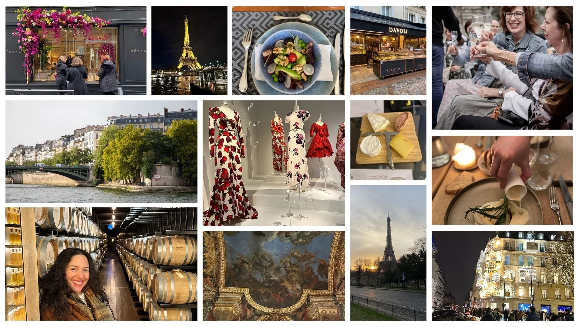 A collage of images showcasing Paris, France: people dining and socializing, the Eiffel Tower at night and during sunset, a view of the Seine River, fashion displays with dresses, a cheese platter, a wine cellar, a woman in a cellar, the Louvre's ceiling, a building illuminated at night, and a street scene with the Eiffel Tower in the background.