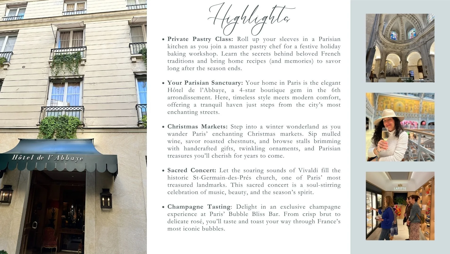 Page showing highlights of a Parisian experience with images of the interior of a church, a woman holding a champagne glass in a shopping mall, and a store display of champagne bottles.