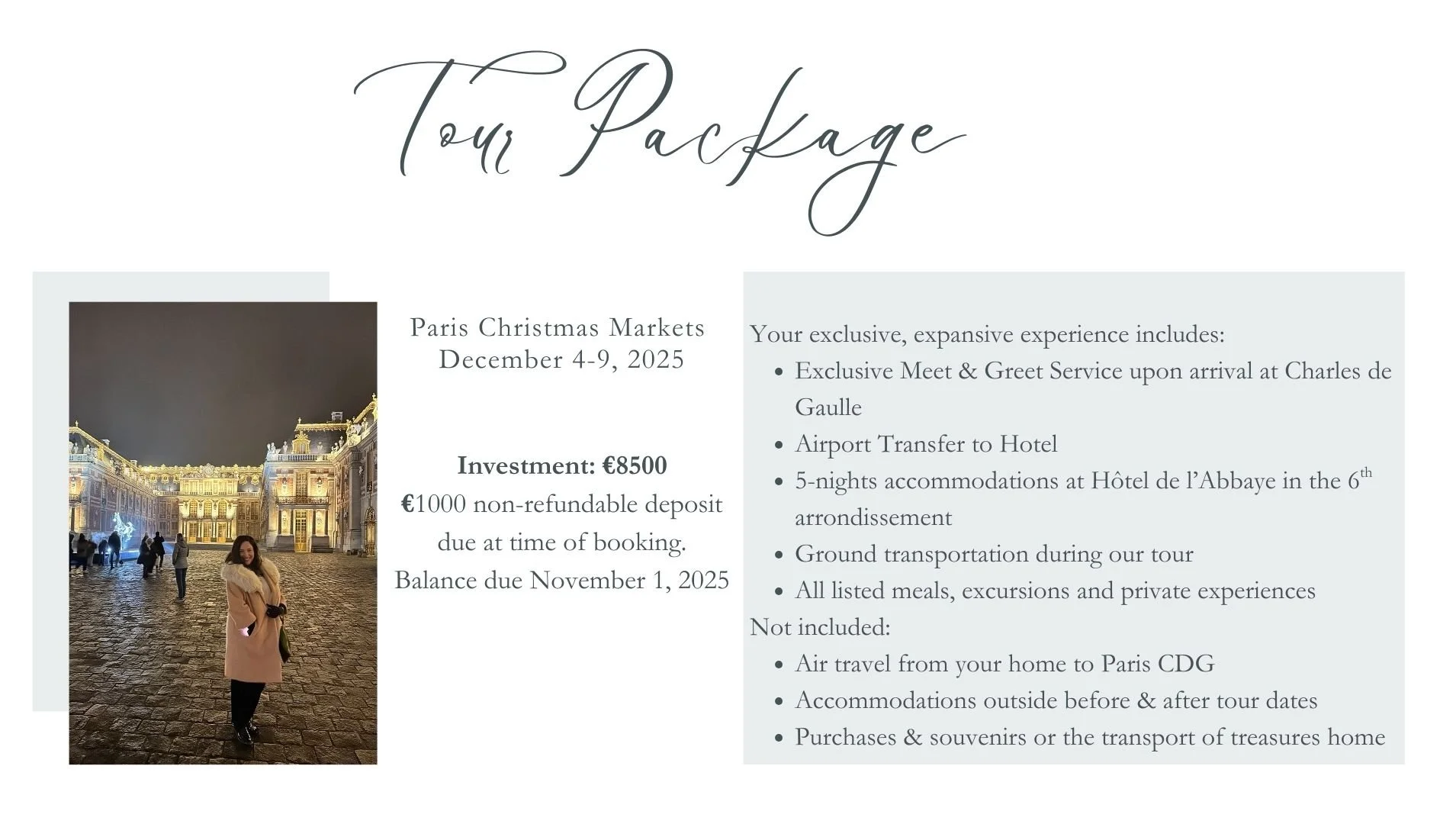 A promotional flyer for a Paris Christmas Markets tour from December 4-9, 2025, featuring a nighttime photo of a woman in a beige coat standing on a cobblestone square in front of a illuminated historic building with a crowd in the background, and details about the tour's itinerary, cost, and inclusions.