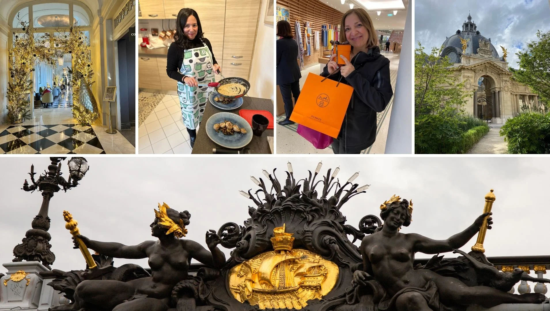 A collage of five images showing a luxurious hotel lobby decorated for the holidays, a woman cooking in a kitchen, a woman shopping with an Hermès bag, a historic building with a domed roof, and a decorative fountain with gilded accents and statues.