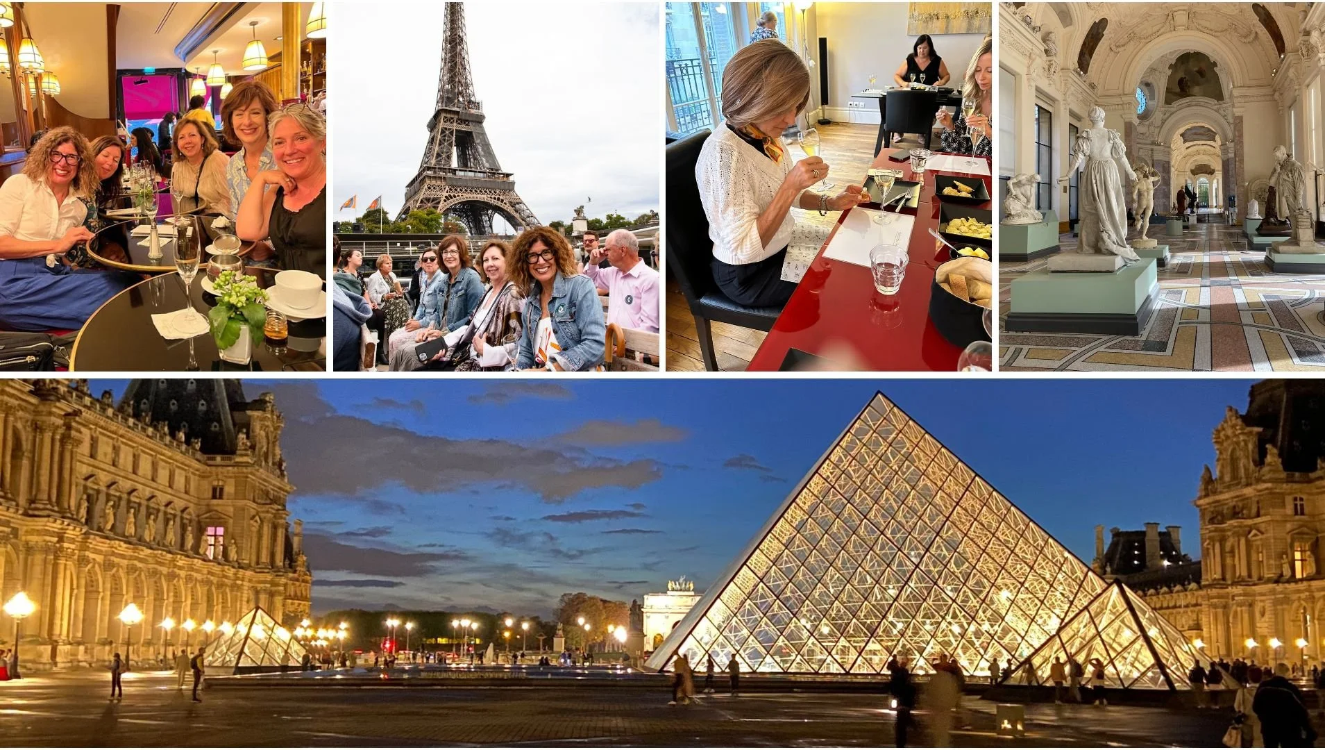 Collage of photos from Paris, including a group of women dining, the Eiffel Tower, women sitting outdoors, the Louvre Museum interior, and the Louvre Pyramid at night.
