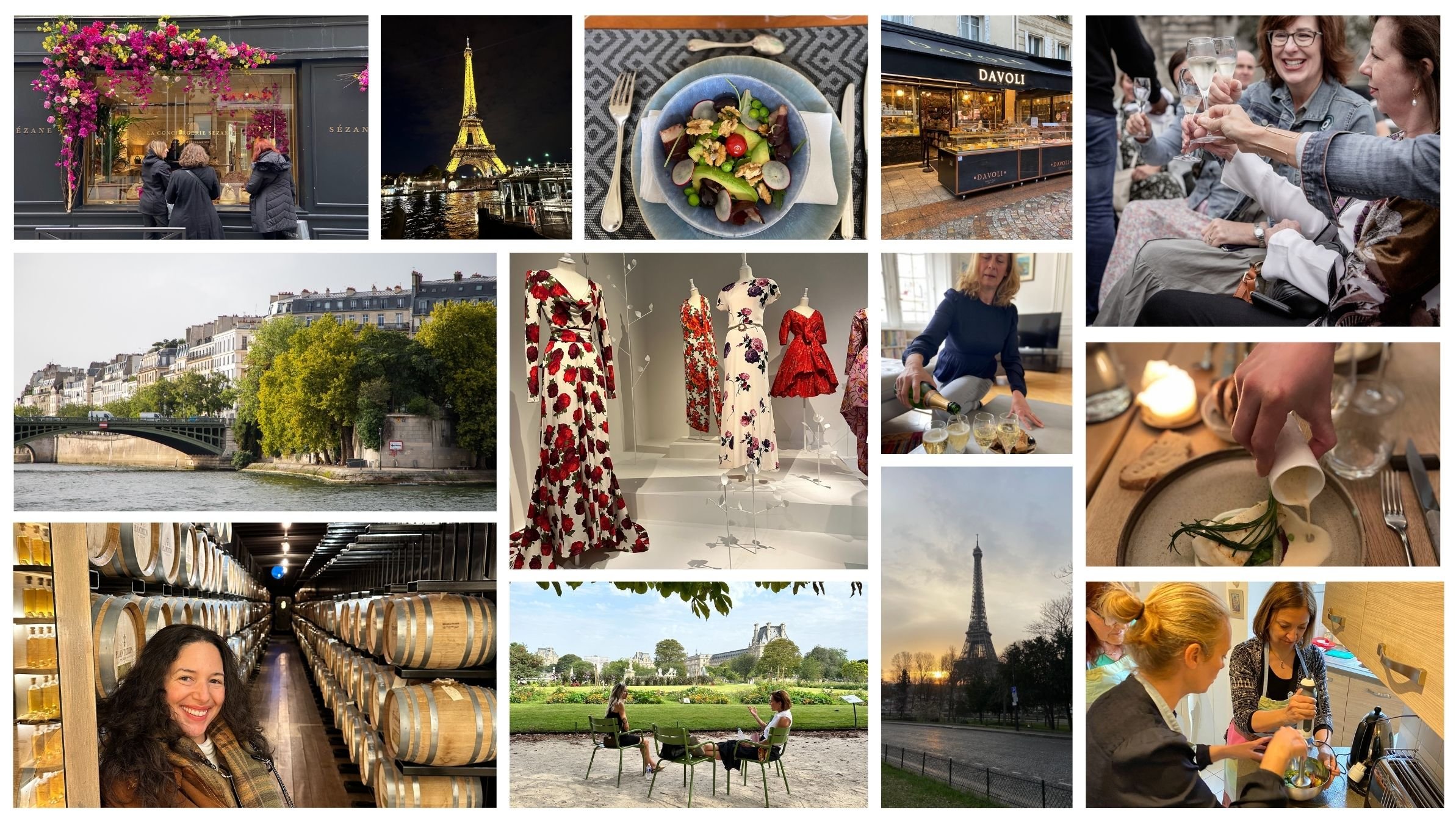 A collage of various scenes from Paris, France, including the Eiffel Tower at night and during sunset, a view of the Seine river with bridges, people enjoying outdoor activities and dining, women tasting wine, a bottle being poured, a woman shopping at a wine cellar, a woman getting makeup done, a fashion display with dresses, people dining and celebrating with drinks, and the Louvre Museum in the background.