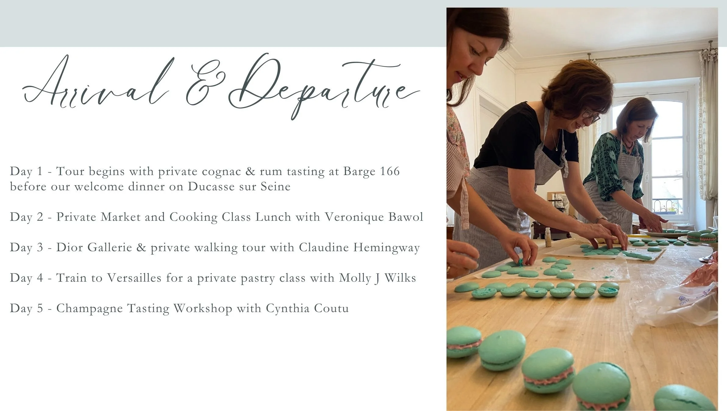 Women preparing turquoise macarons in a kitchen during a baking class, with a window in the background.