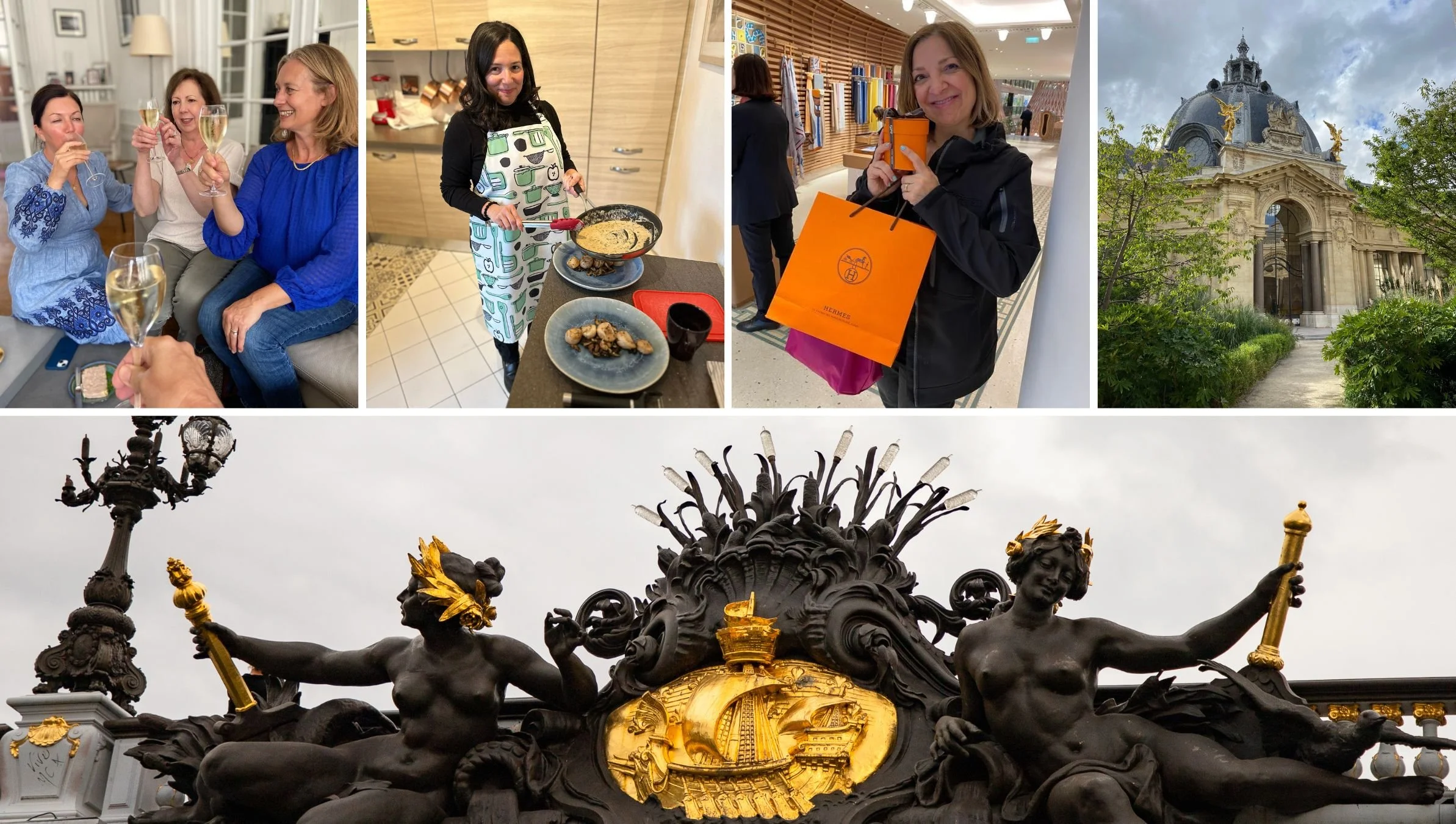 A collage of six images showing women enjoying a social gathering, cooking, shopping, sightseeing, and outdoor sculptures. The first image shows three women raising glasses of champagne indoors. The second features a woman cooking in a kitchen. The third depicts a woman holding an orange shopping bag and a cup in a store. The fourth is of a historic building with a dome. The fifth captures outdoor sculptures with dark statues and gold accents. The sixth is a close-up of two women’s sculptures with gold details and architectural elements.