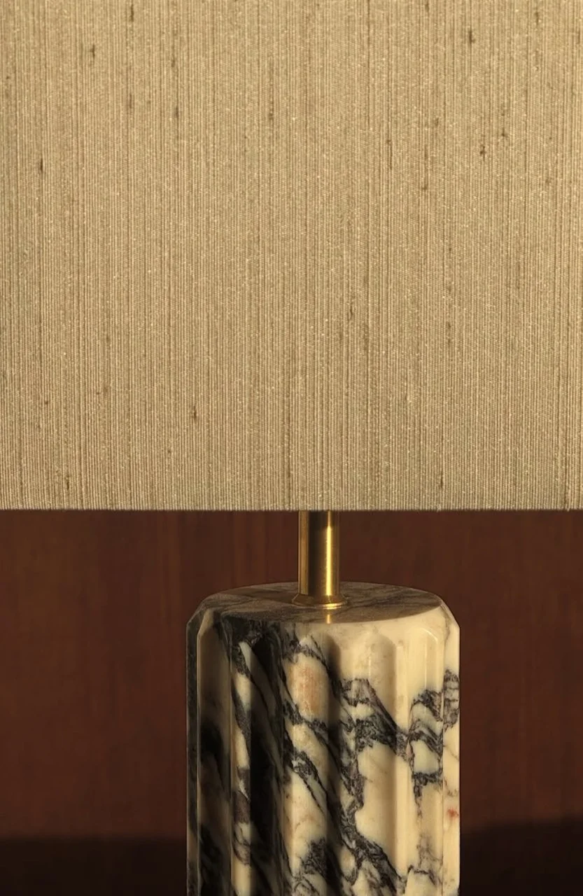 Lizette Rützou. Proud table lamp. Erinofduty. marble. warm grey. beige. made in italy. made in Denmark. Breccia viola marble. soft creme shade.