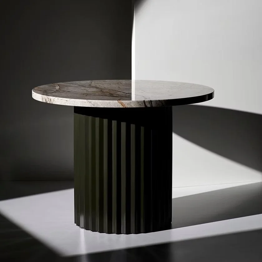Lizette Rützou. Column table 60cm. 40cm. marble. warm grey. beige. made in italy. made in Denmark.