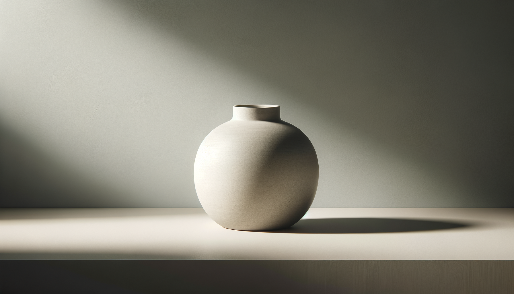 A simple white ceramic vase with a rounded body and a narrow, short opening, placed on a flat surface with a shadow cast to the right, against a plain background with lighting creating soft shadows.