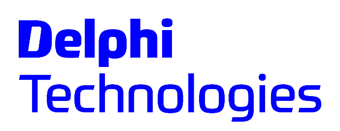 Logo of Delphi Technologies with blue text on a black background.