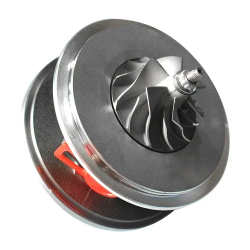 A turbocharger wheel with a central hub and blades, mounted on a metallic component.