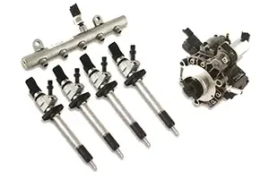 Four fuel injectors and a fuel rail for an automobile engine.