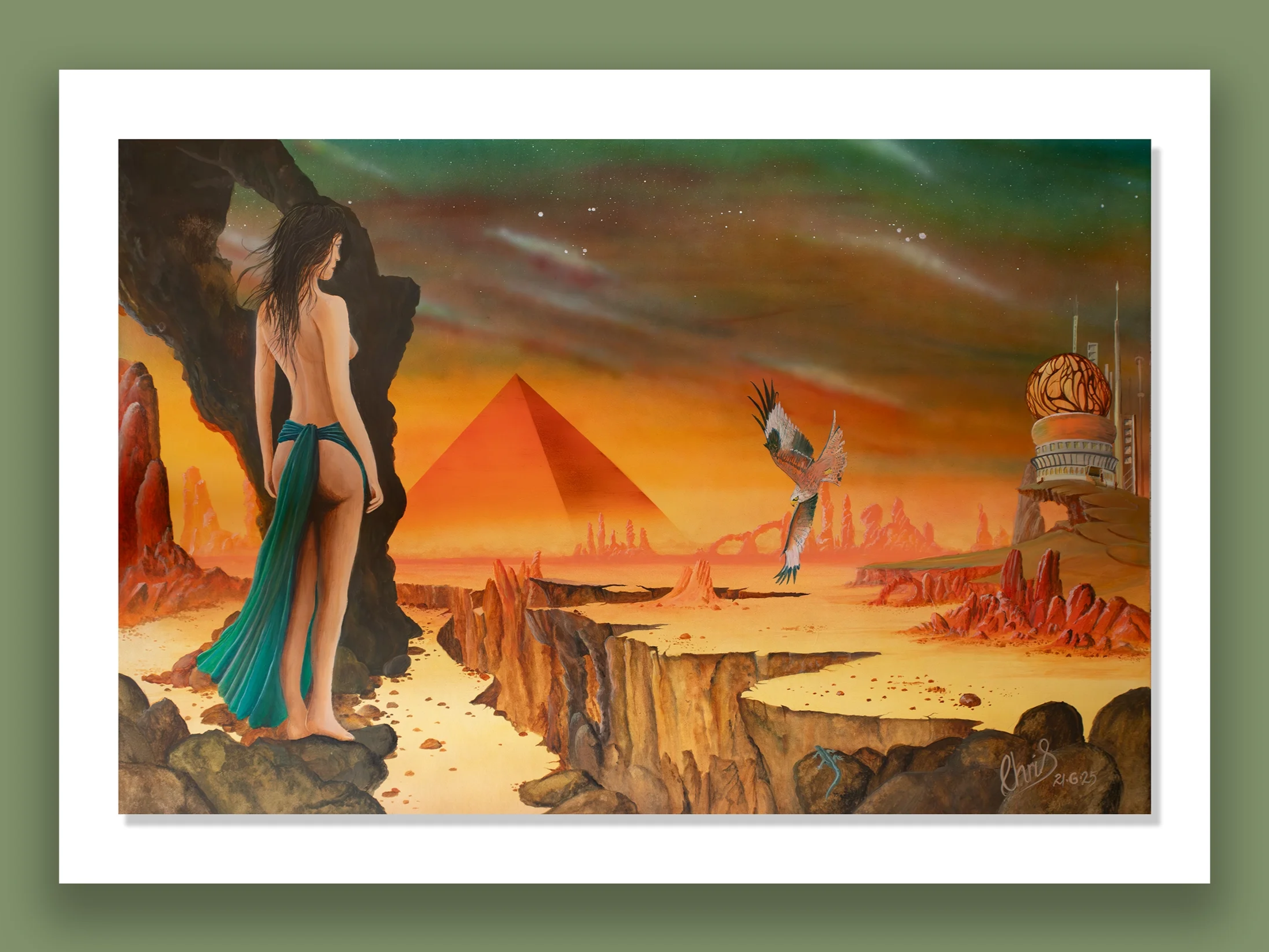 The Calling.

Acrylic painting, a surreal landscape showing a young woman with long dark hair and a green and black loincloth standing on a rocky cliff, overlooking a desert with red rock formations. There is a pyramid in the distance, a flying bird,