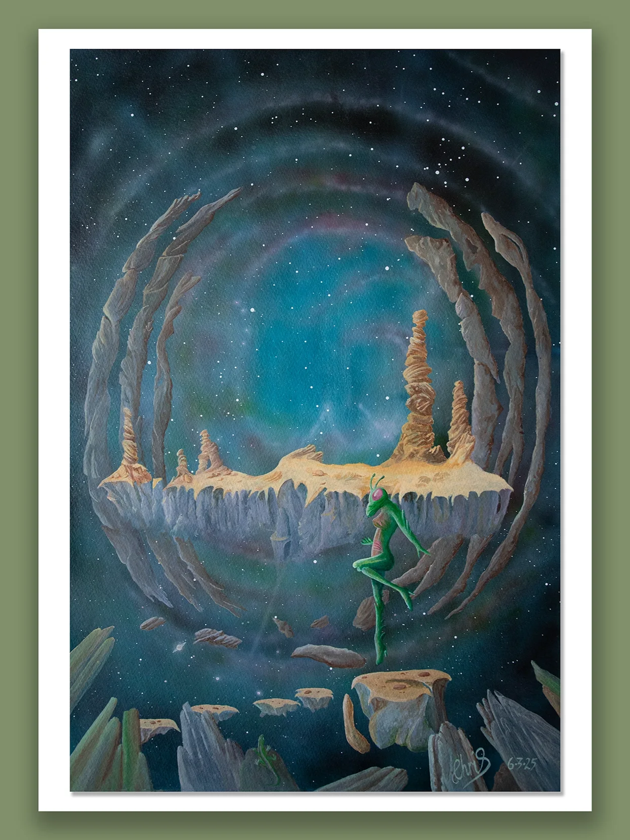 Unknown Place.

A surreal painting of a alian green praying mantis in outer space near floating rocky islands, with a cosmic background and a large circular formation of rocks surrounding a celestial scene.