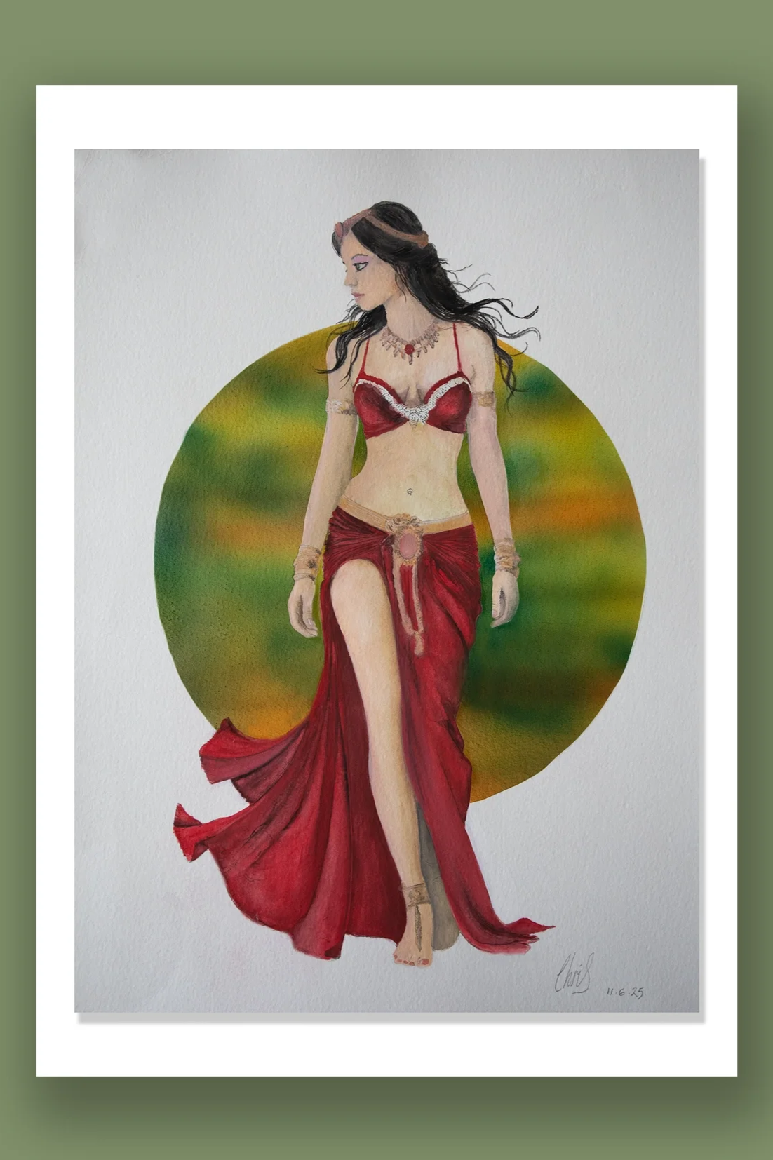 Watercolor painting of a woman with long dark hair, dressed in a red, revealing belly dance costume, walking barefoot in front of a circular green and yellow background.