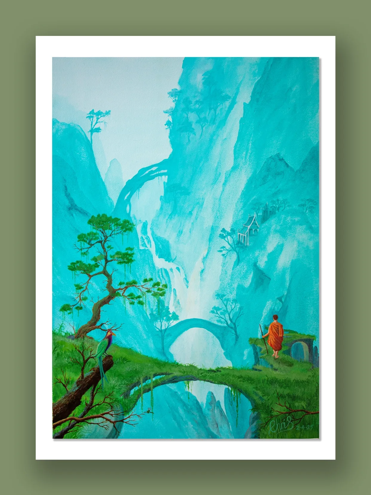 The Quest.

A watercolor painting of a lush, mountainous landscape with tall cliffs, waterfalls, green trees, and a small bridge over water. A person in orange robes is walking on a grassy ledge, holding a staff, with a colourful bird perched on a br