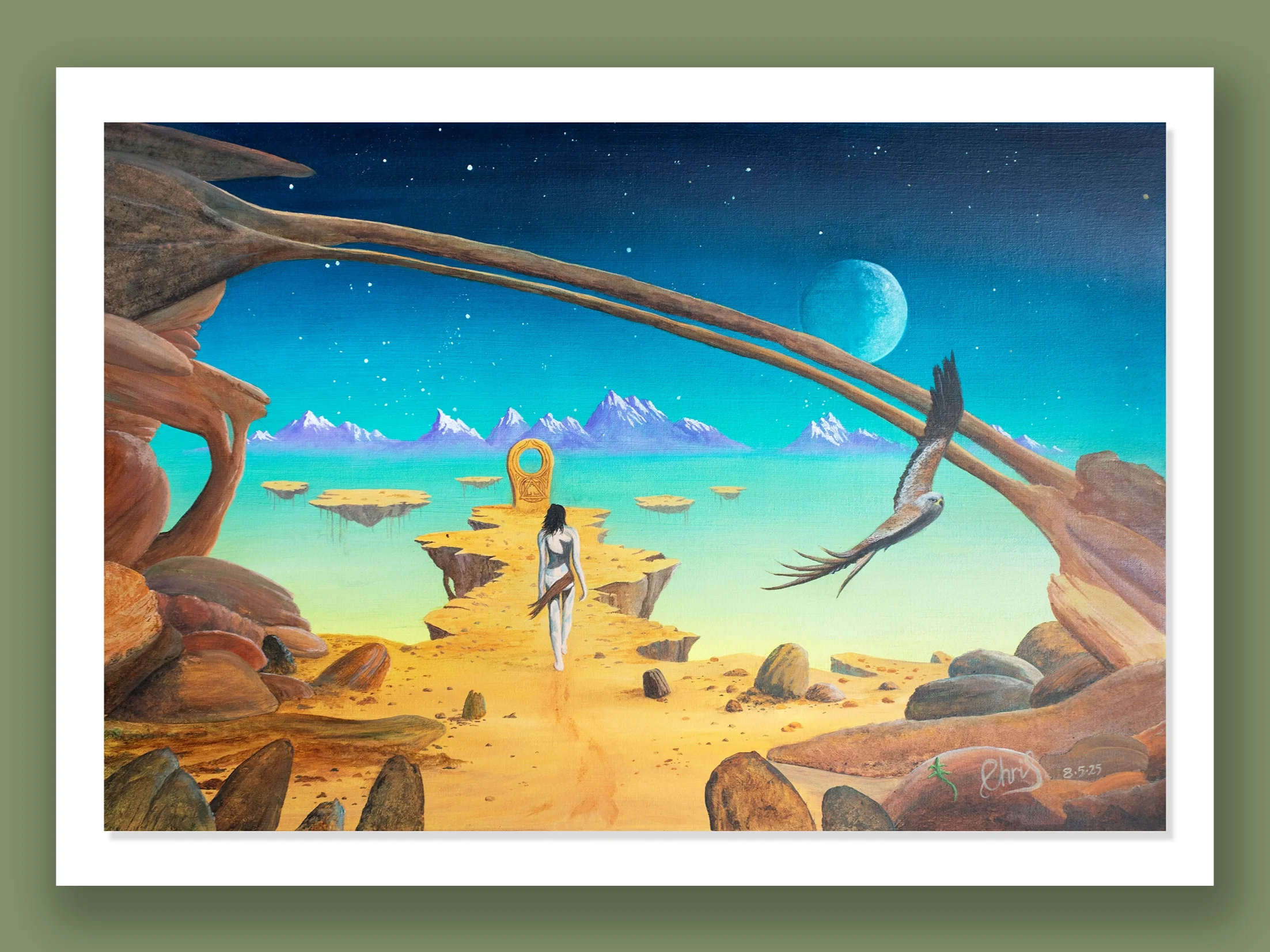The Western Edge.

Fantasy landscape painting featuring a humanoid figure walking on a rocky pathway towards a golden gate under a starry sky, with a large moon, mountains in the distance, floating islands, and an eagle flying.
