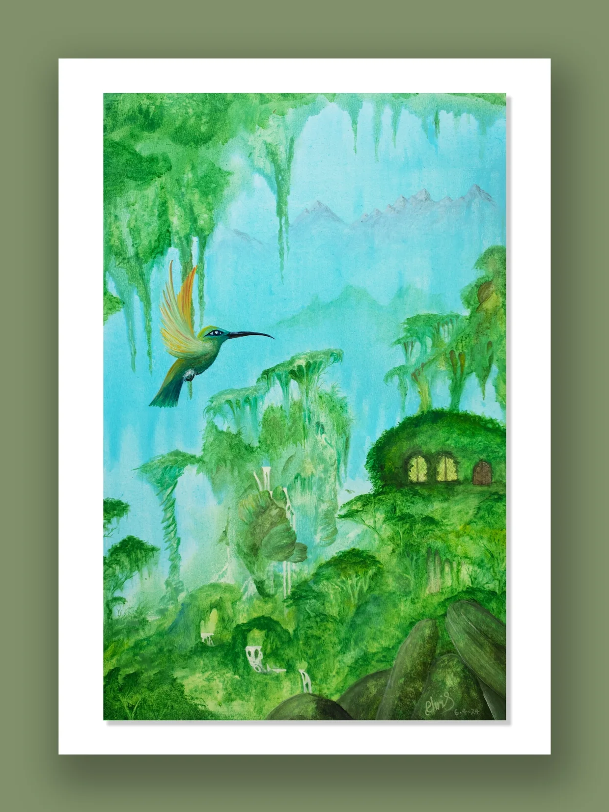 The Messenger. 

A painting of a lush green jungle with a blue sky, waterfalls, mountains, a flying hummingbird, and a house in the trees.