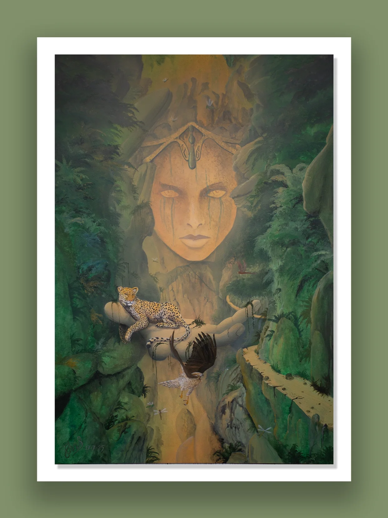 The Ancient. 

A painting of a lush jungle scene with a large face of a woman carved into the mountainside in the background. In the foreground, there is a leopard resting on a rock, a bird flying near.