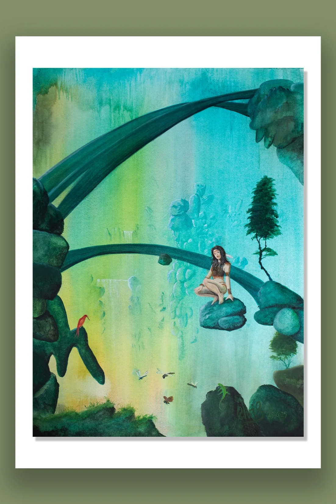 Spirit of Survival.

A surreal acrylic painting of a woman resting on a floating rock in a lush, fantasy landscape with large rock arches, trees, and a waterfall   with insects flying in the foreground.