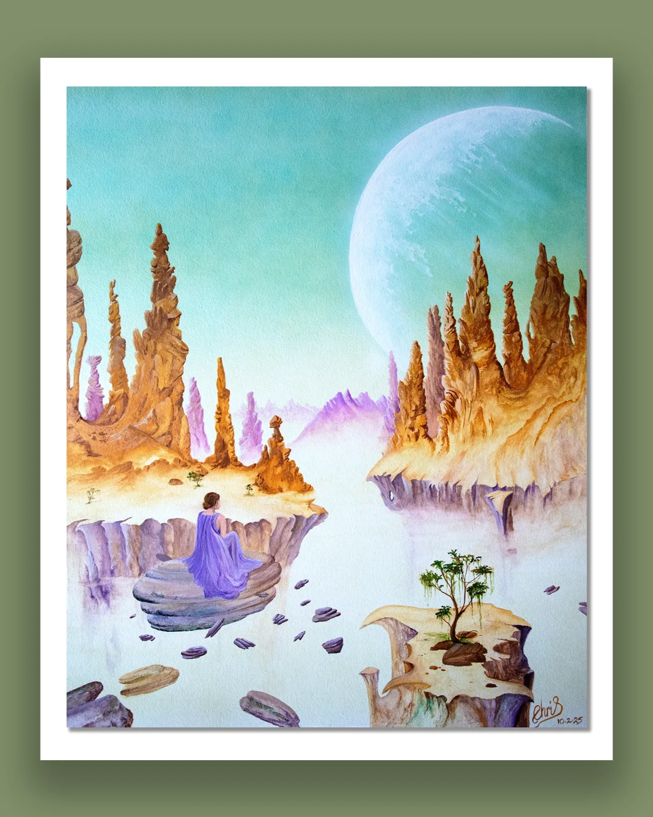 Purple Violet.                 fantasy landscape depicting a woman sitting on a floating rock overlooking  rocky cliffs, stylised rock formations, and mountains in the distance under a large, partially visible moon in a sky with gradient shades of bl