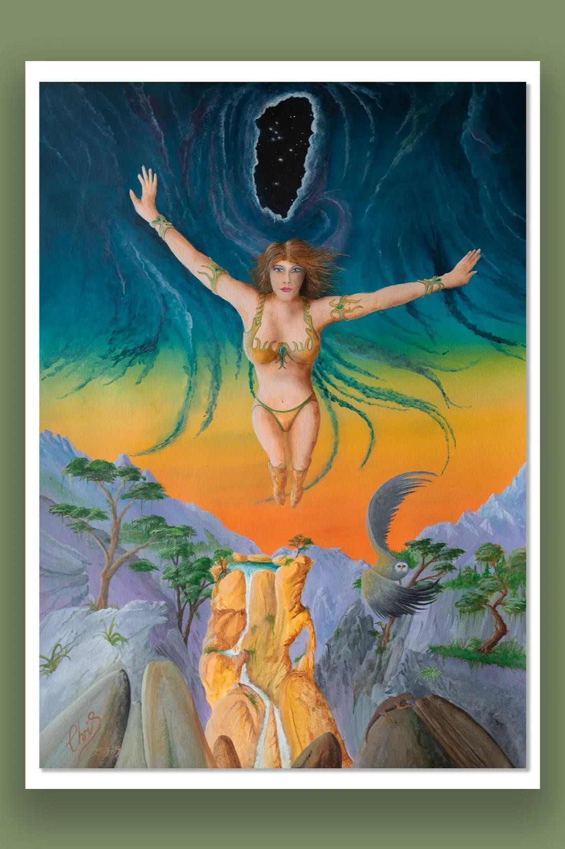 Mind Drive.          A fantasy-style painting of a woman with long red hair flying above a landscape with cliffs, trees, and waterfalls, in front of a colorful sunset sky with mountains, and a dark swirling vortex above her head.