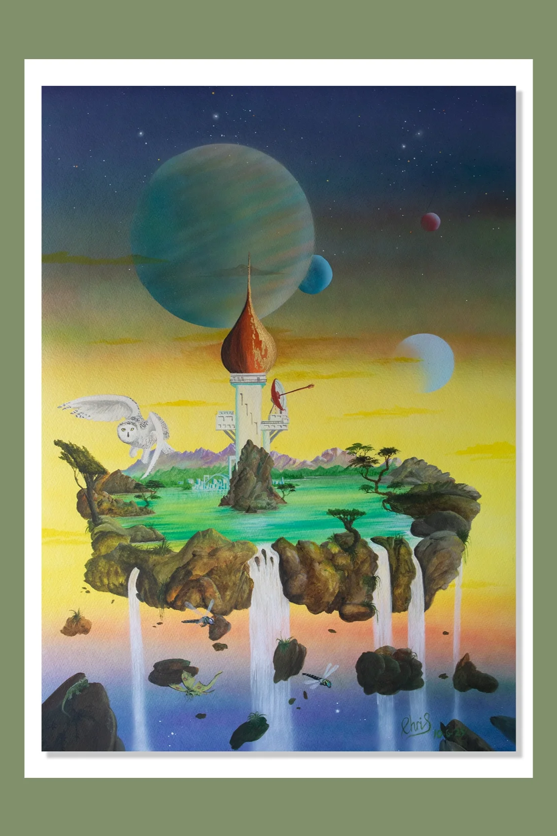 Luminosity.            Fantasy scene with floating island, waterfalls, a castle, a white owl flying and insects, and planets in the sky.