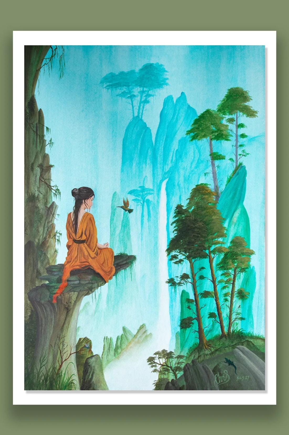 I See You Messenger.                A traditional Chinese landscape painting of a woman  meditating on a rocky ledge, with a humming bird watching, overlooking waterfalls, mountains, and lush green trees with mist in the background.