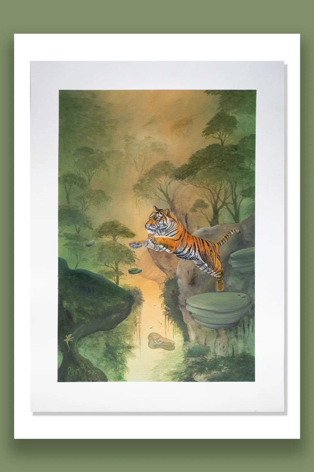 Future Memories.        Painting of a tiger leaping across rocks in a lush jungle landscape with trees and misty background.