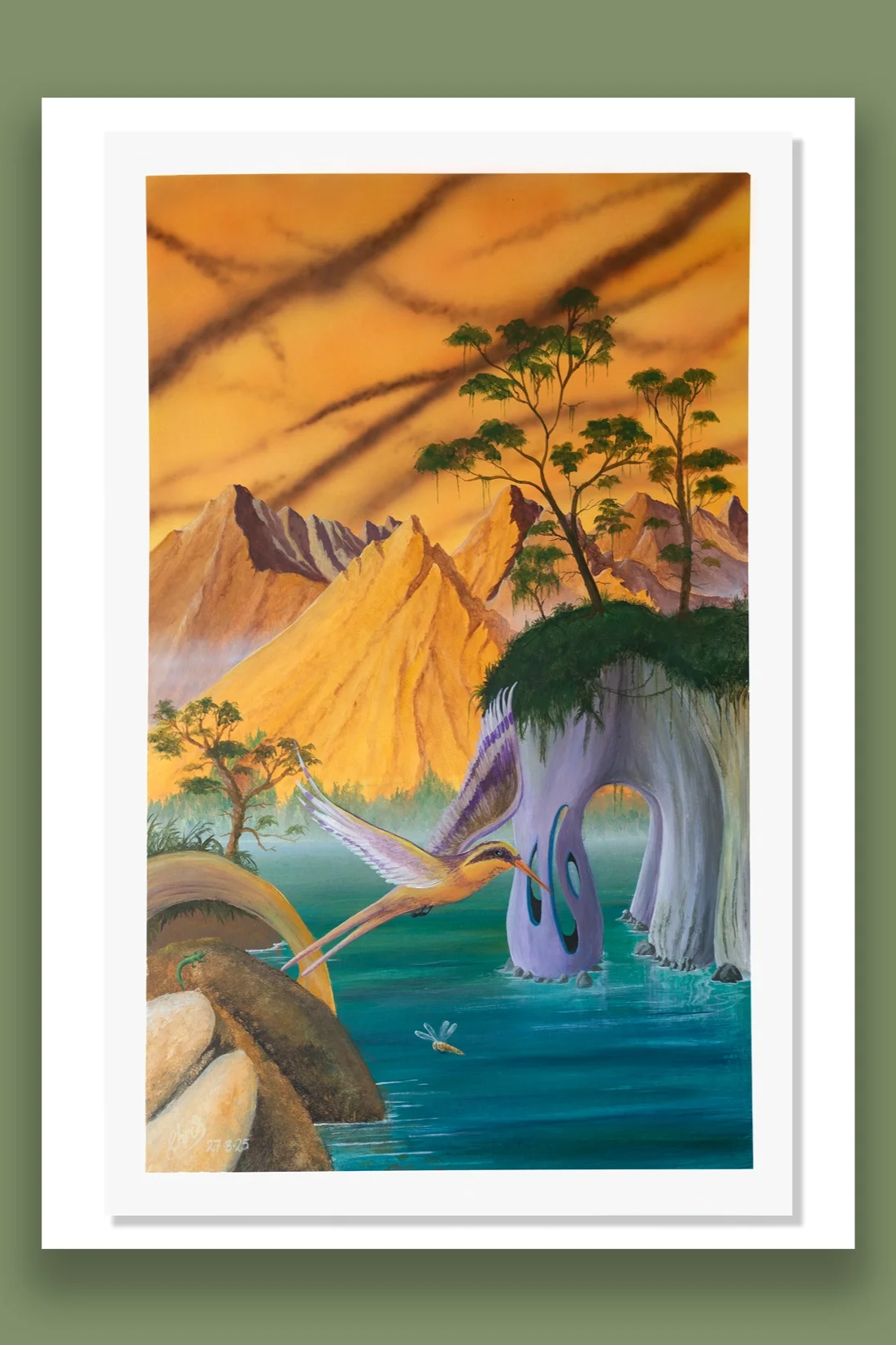 Fragile.        A colourful landscape painting featuring mountains, trees, a waterfall, and a bird flying over the water with a dragonfly nearby, against a sky with clouds.