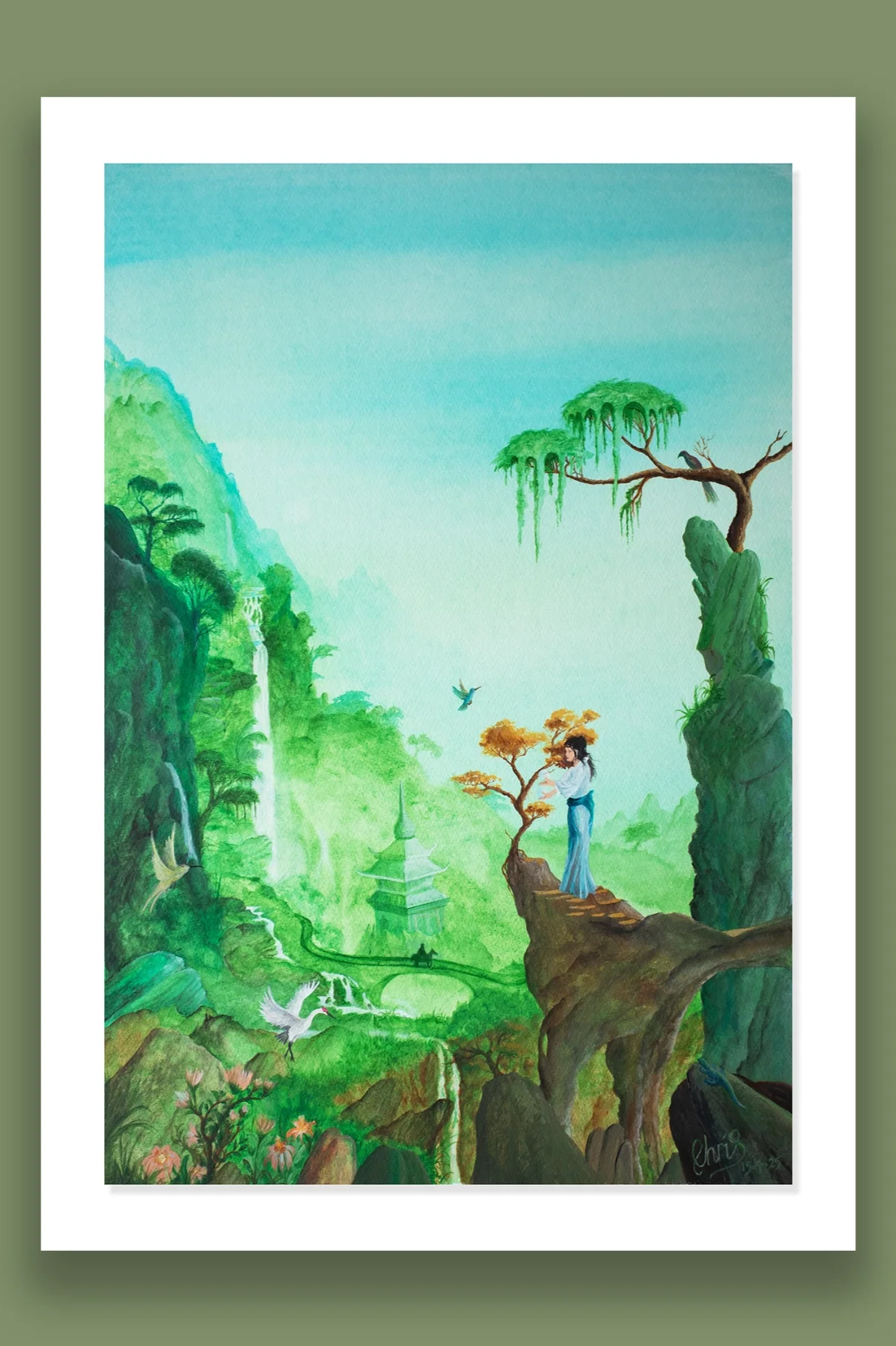 Circus of Heaven.      A painting of a lush green landscape with mountains, waterfalls, a pagoda, and trees. A woman stands on a broken rock arch, with birds flying around.