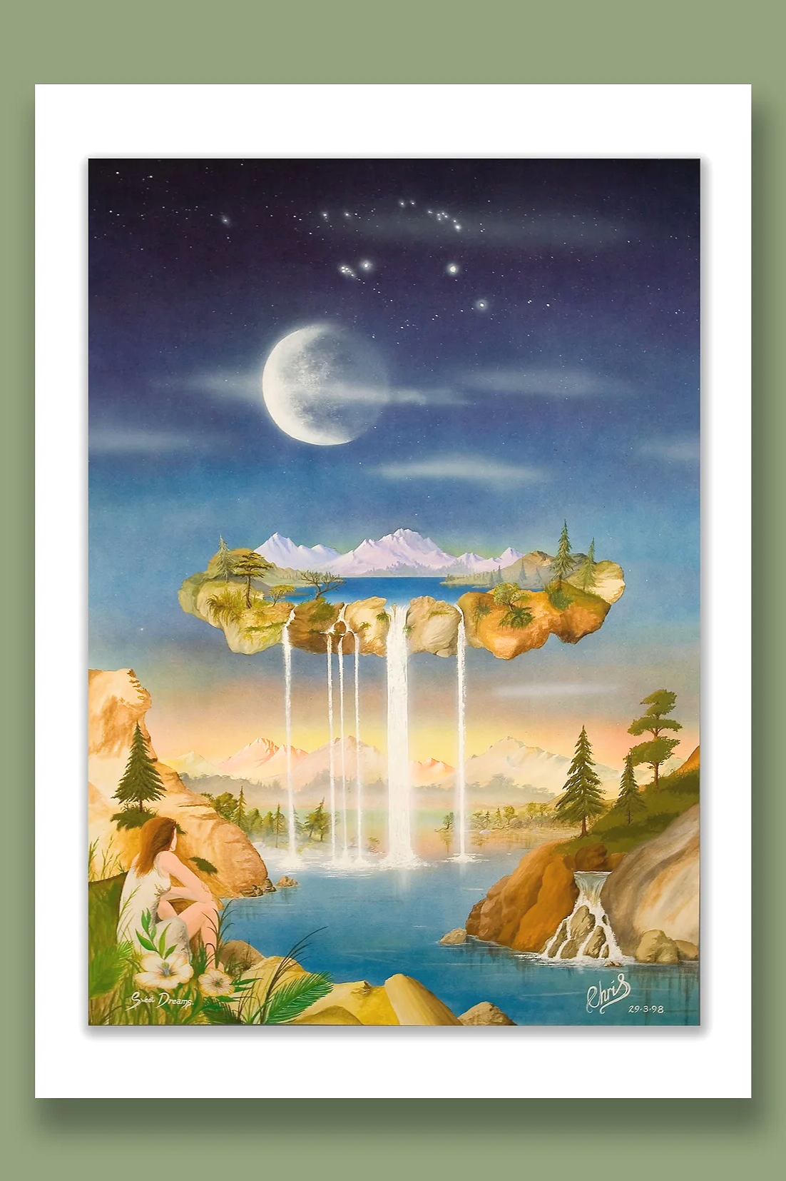 Sweet Dreams.        A surreal landscape painting featuring a floating island with trees and snow-capped mountains, waterfalls flowing from the island into a lake below, a solitery girl sitting on a rock near the water, a starry evening sky with the 