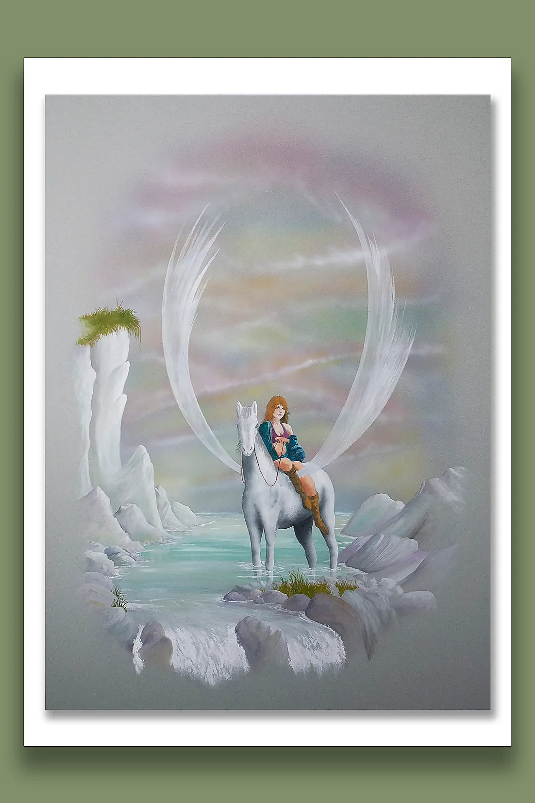 Pegasus.       A woman with red hair riding a winged white horse in a fantasy landscape with pale cliffs, a small waterfall, and rainbow-coloured clouds in the sky.