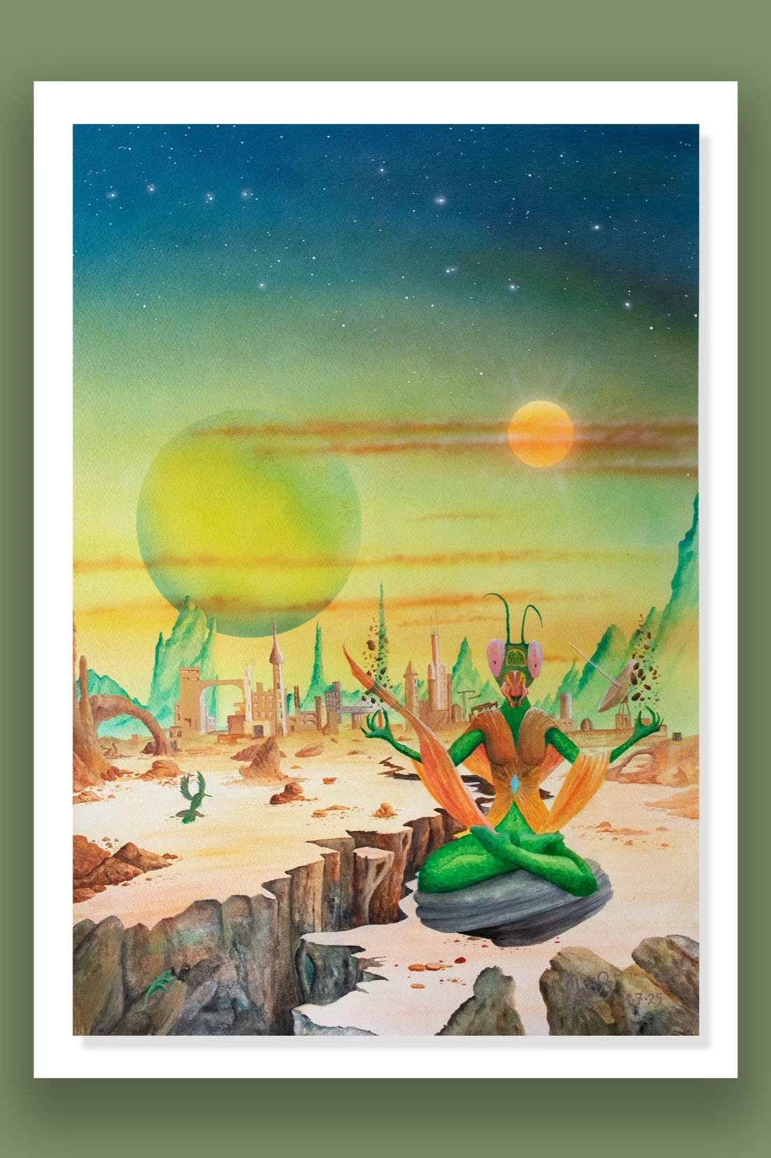 Mirror to the Sky.            A colourful alien landscape with a giant praying mantis creature meditating on a rock in the foreground. The background has a city skyline with futuristic buildings, planets, and stars in a vibrant sky.