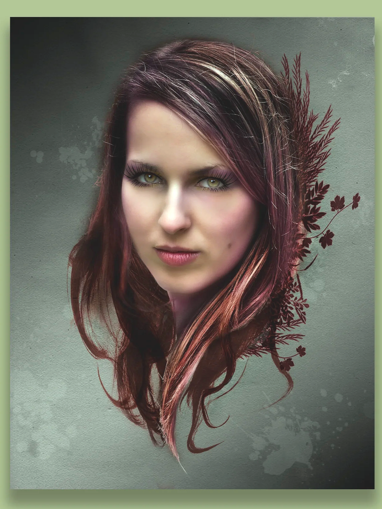 A woman with long, dark, wavy hair and striking green eyes, set against a textured gray background with floral accents to the right of her head.