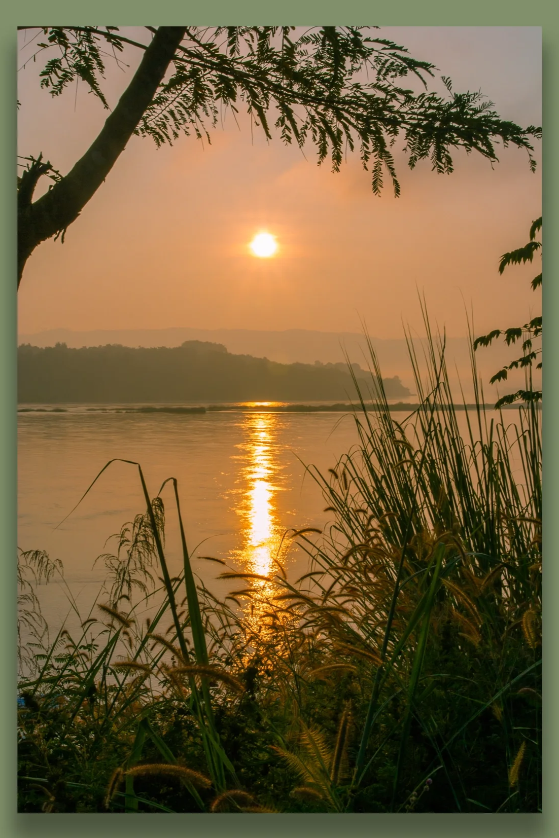 Sunrise over the Mekong River with grasses and trees in the foreground, hills in the distance.