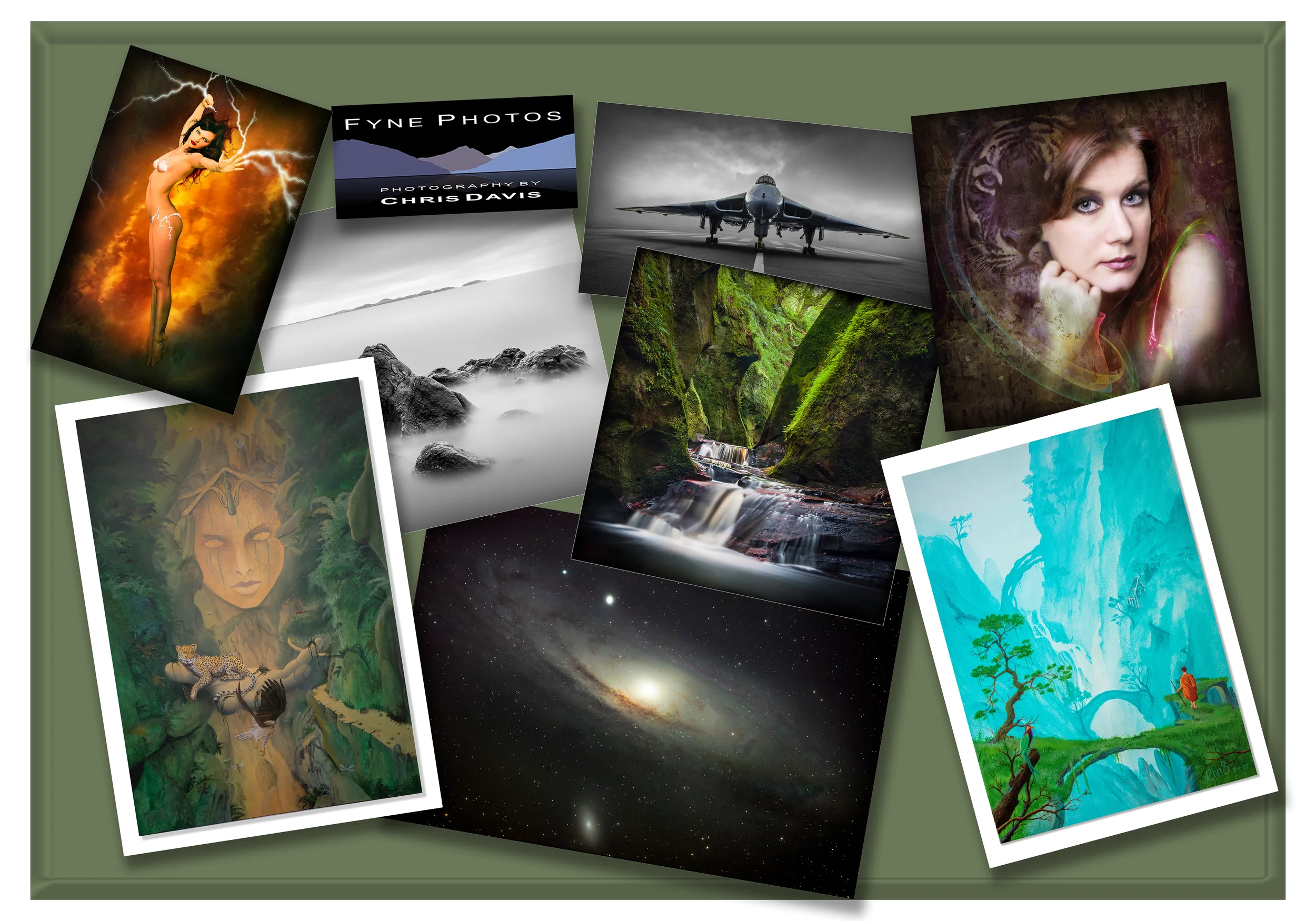 A collage of various photographs including a woman with lightning, a mountain range with sky, a black and white seascape, a fighter jet, a mossy canyon with waterfalls, a woman's portrait surrounded by a glowing heart, a fantasy scene with a leopard, a galaxy with stars, and a vibrant landscape with waterfalls and trees.