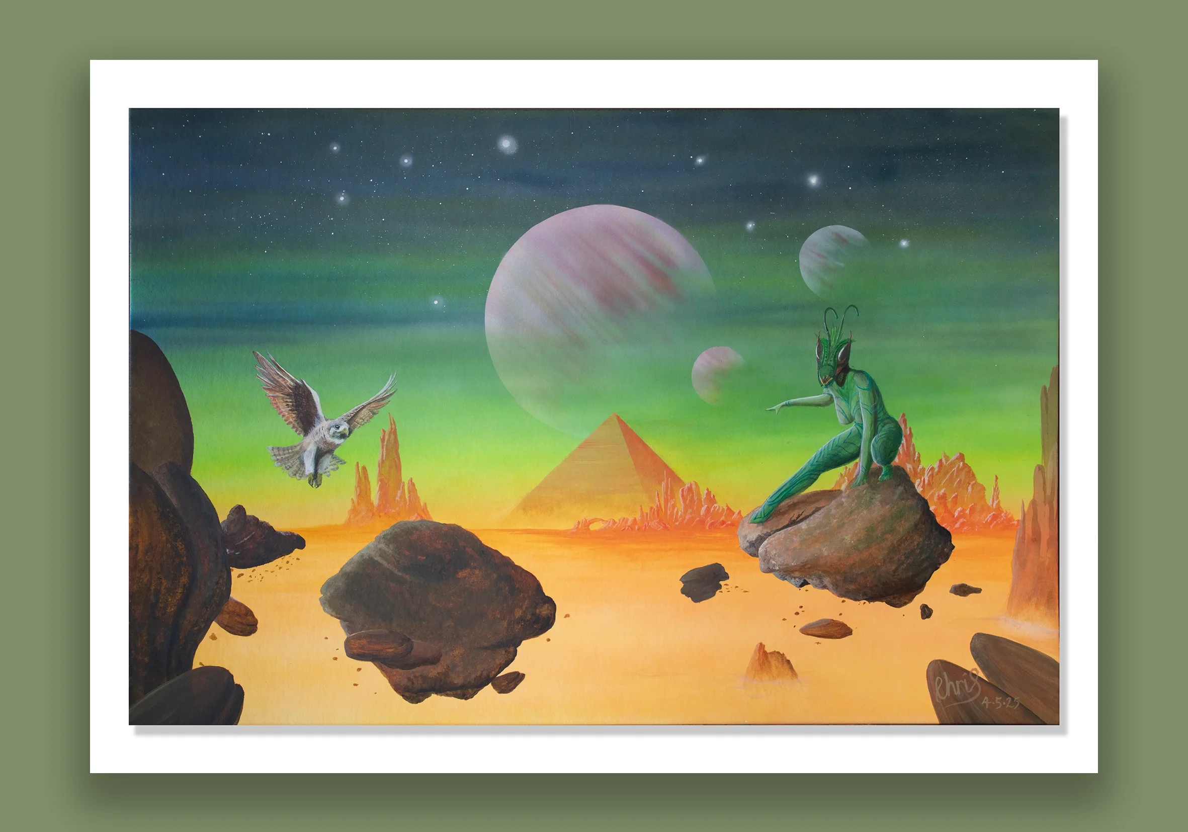 Survival.

A surreal landscape with planets in the sky, a pyramid in the background, and fantastical creatures including a bird flying and a large insect on a rock.
