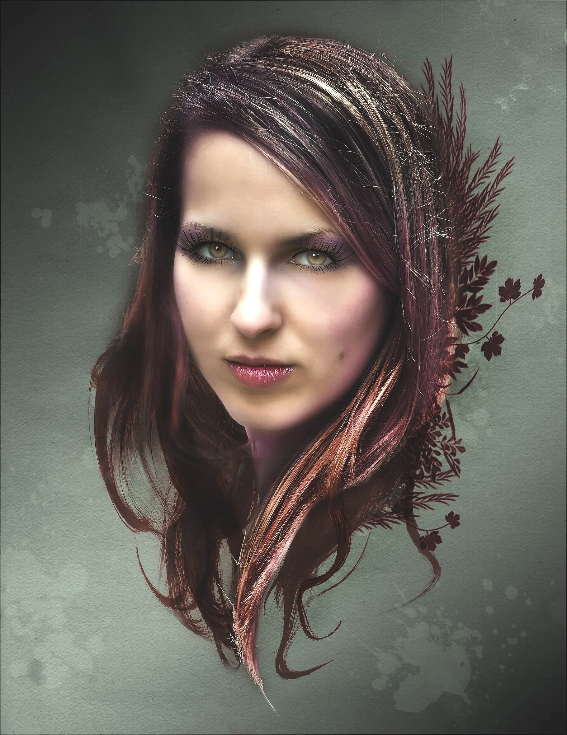 Portrait of a woman with striking hazel eyes and long, wavy brown hair with purple and pink highlights, surrounded by dark botanical silhouettes on a textured gray background.