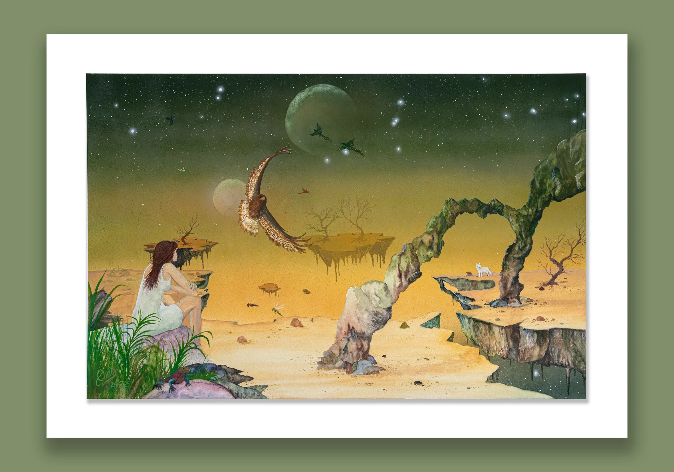 It Was All We Knew.           Fantasy desert scene with a woman sitting on a rock, a bird soaring in a starry sky, floating islands, a white wolf on a ledge, barren trees, and strange twisted rock arches.