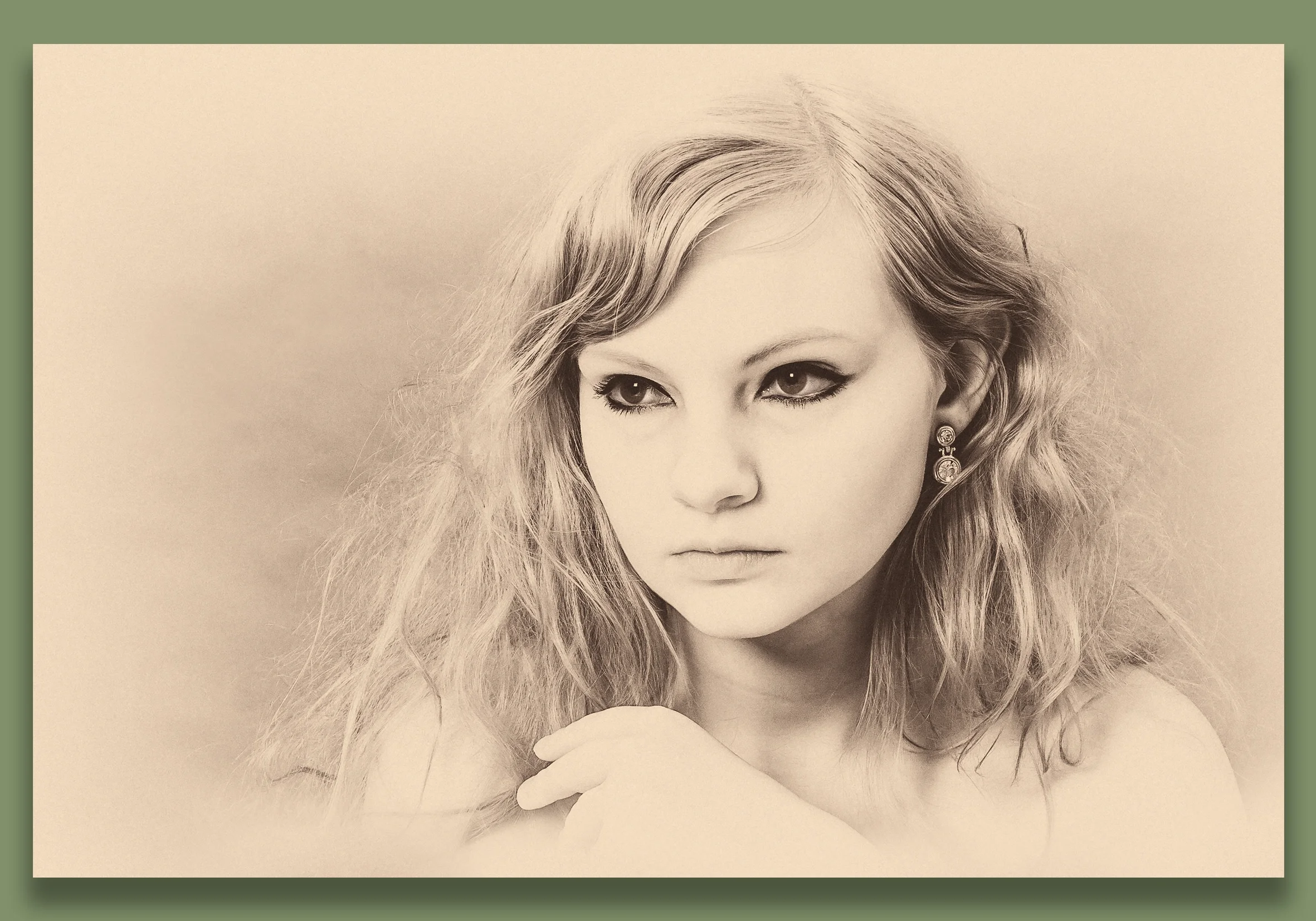 Black and white portrait of a young woman with wavy hair, wearing earrings, looking to the side with a thoughtful expression