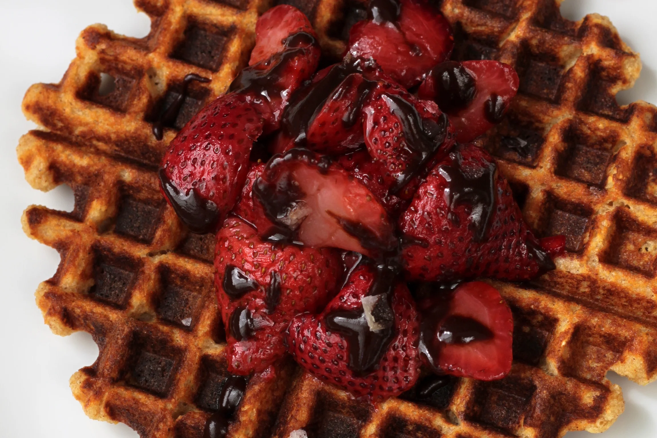 Multigrain Waffles, Roasted Strawberries &amp; Raw Chocolate Olive Oil Sauce