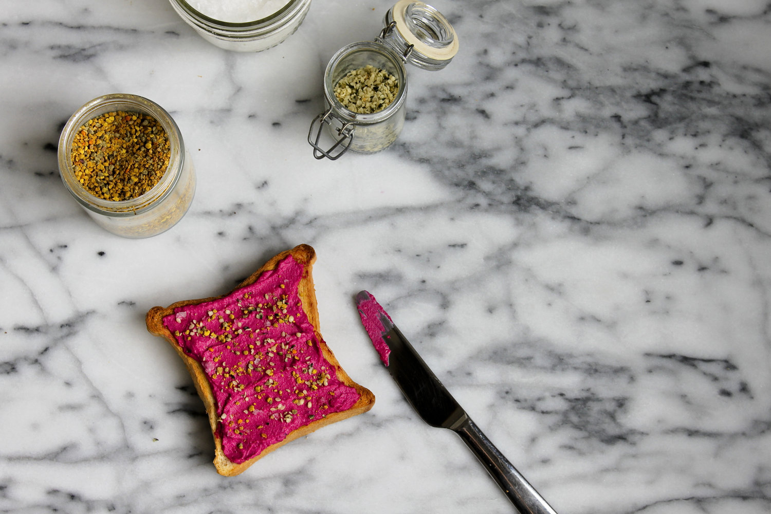 Bright Beet Hummus with Bee Pollen, Hemp Seeds and Fleur de Sel