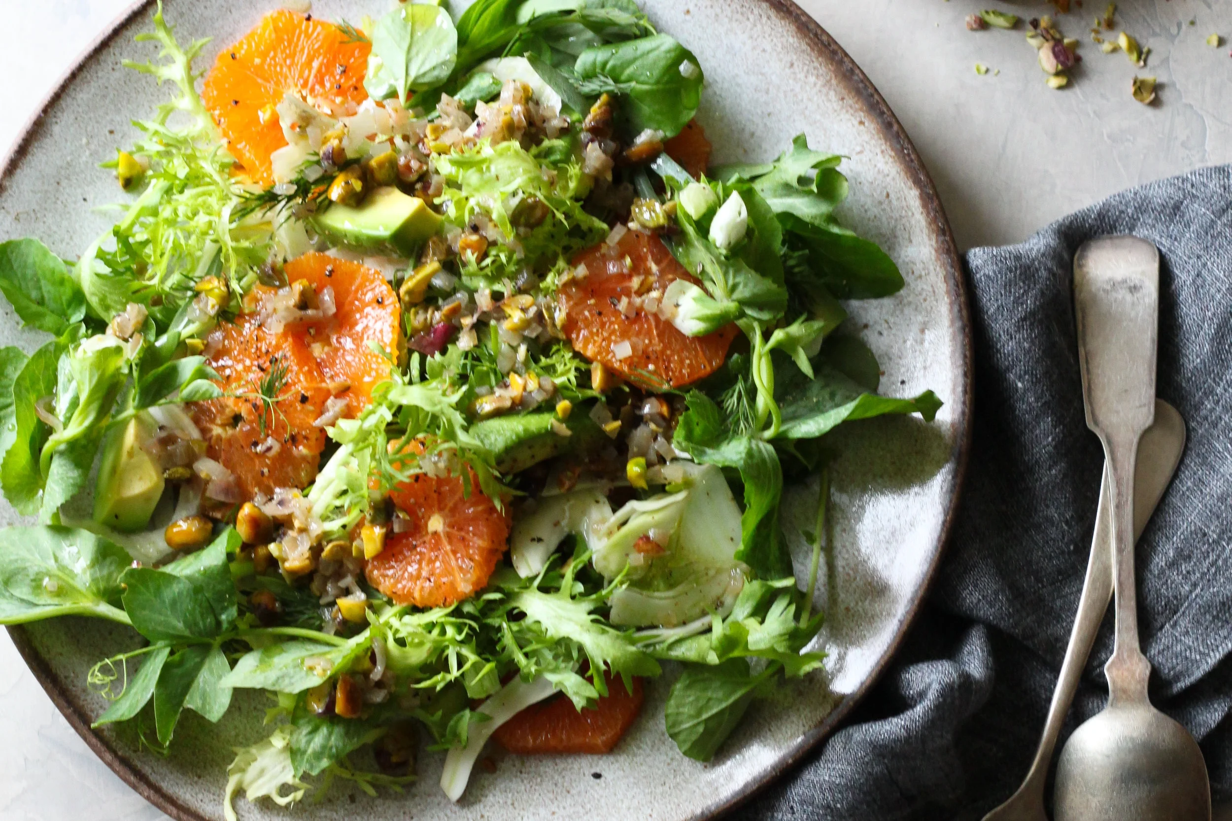 Springtime Greens, Herbs &amp; Citrus Salad with Warm Pistachio Vinaigrette