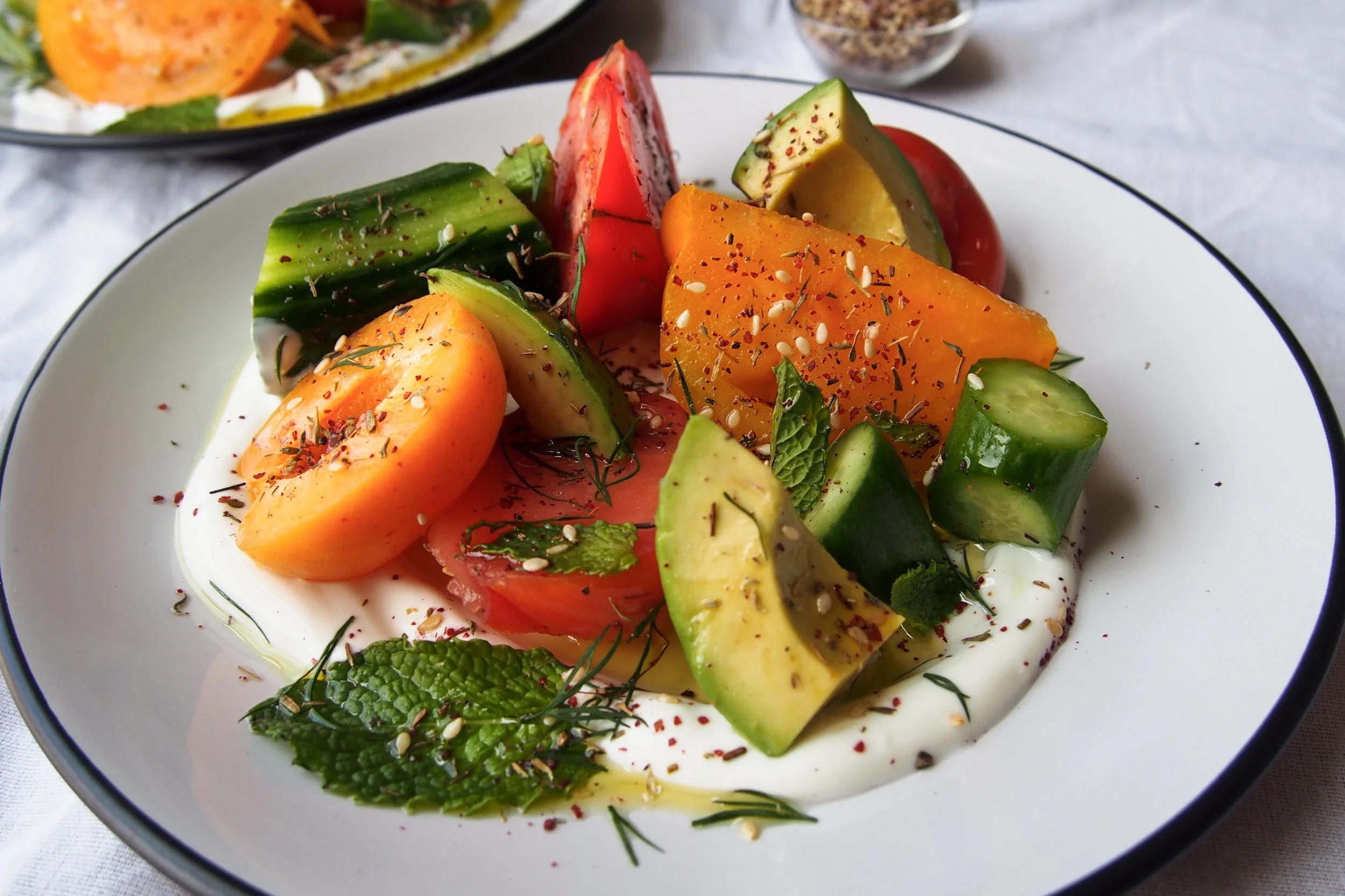 Heirloom Tomato, Apricot &amp; Cucumber Salad with Yogurt &amp; Za'atar 