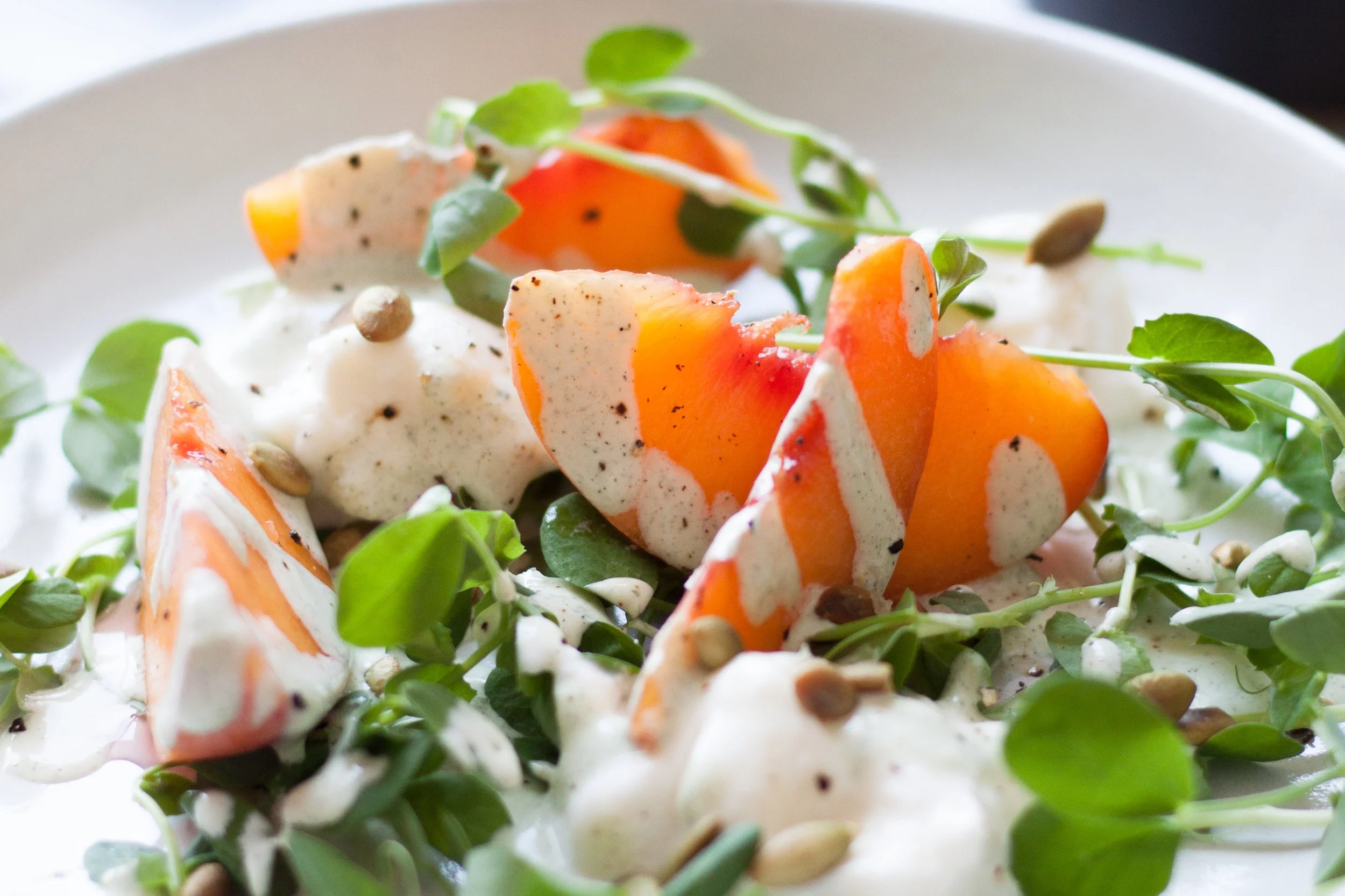 Pickled Peach, Burrata &amp; Pea Shoot Salad with Creamy Basil Hemp Dressing